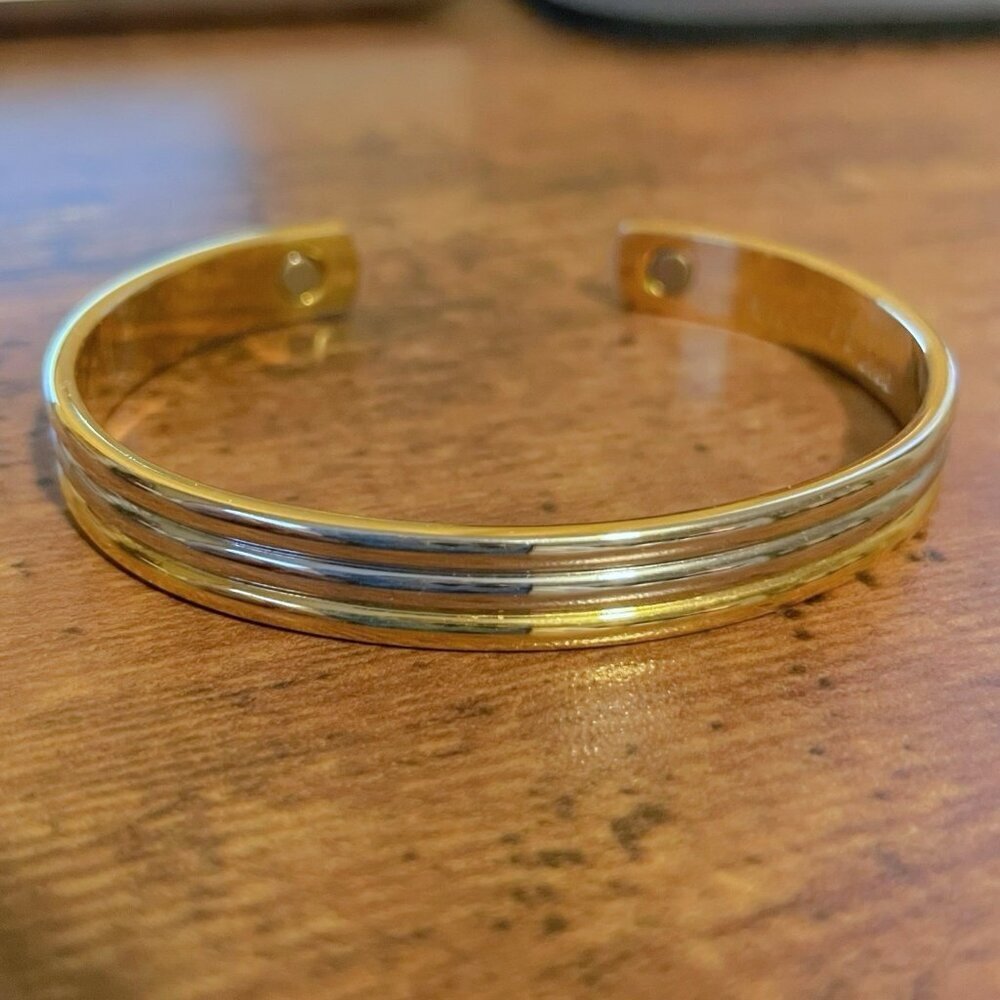 24K Electroplated Healing Magnet Therapy Two Tone Gold Silver Cuff Bracelet